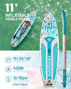 Inflatable Paddle Board 11 '* 34 "* 6" Extra Wide Sup Board, 420lb Capacity Paddle Board for Adults, Suitable for Sea and Lakes, 2+1Family Board