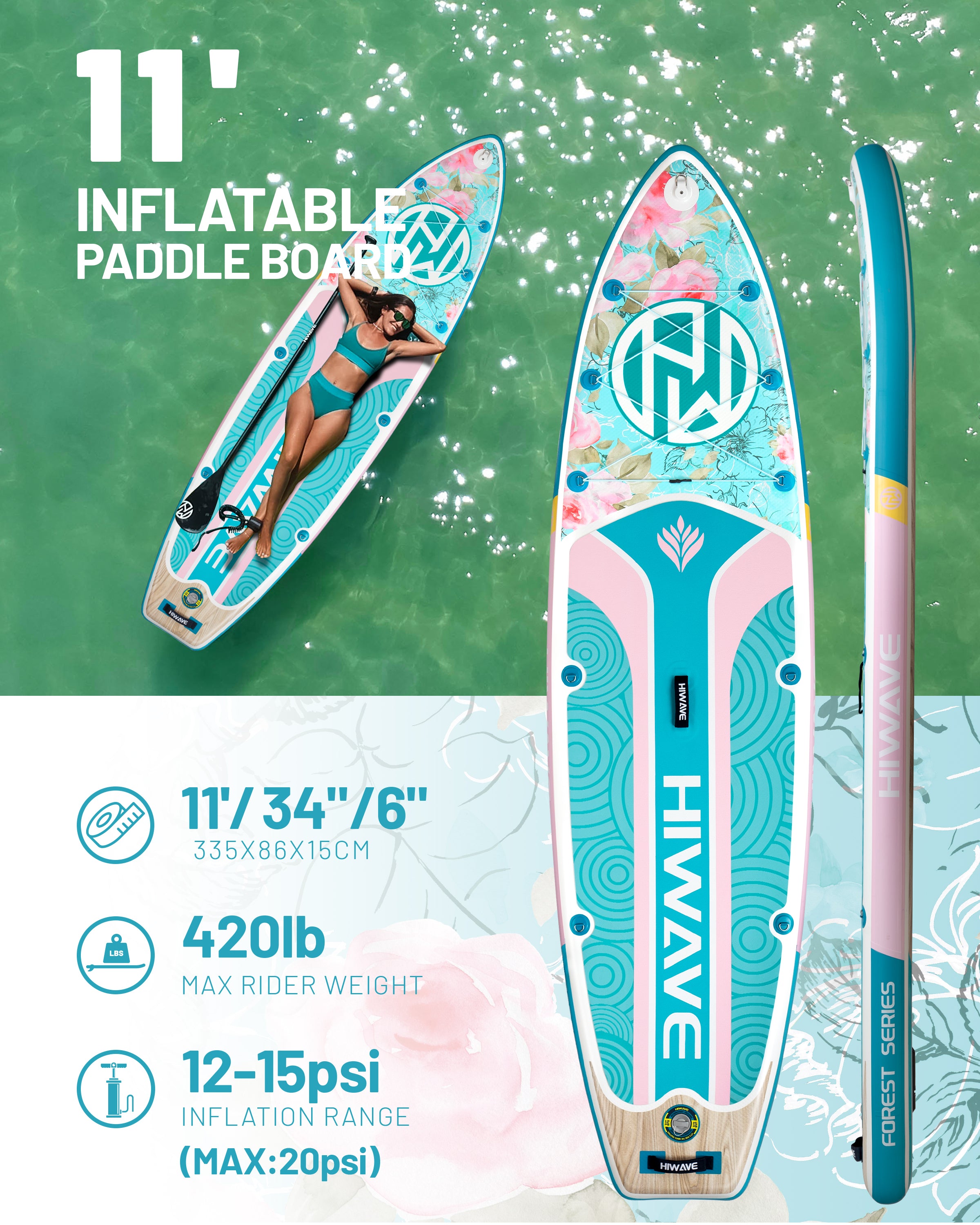 Inflatable Paddle Board 11 '* 34 "* 6" Extra Wide Sup Board, 420lb Capacity Paddle Board for Adults, Suitable for Sea and Lakes, 2+1Family Board