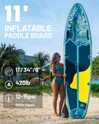 Inflatable Stand Up Paddle Board 11’*34”*6” Sup Board, 420lbs Capacity Adult&Youth Paddle Board, Pet Friendly for Ocean&Lake, w/Double Action Hand Pump